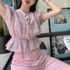 Short-sleeve Plaid Blouse Plaid - Yellow & Pink & Blue - One Size
