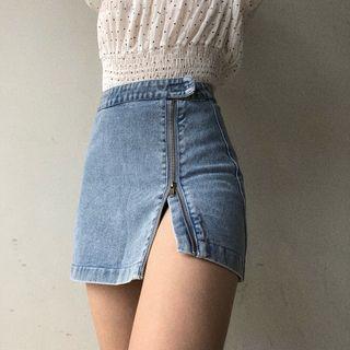 High-waist Washed Skinny Zip Mini Skirt