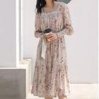 Square-collar Tie-waist Floral Midi Dress