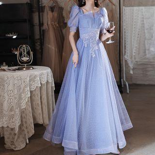 Short-sleeve Lace Trim Glitter A-line Evening Gown