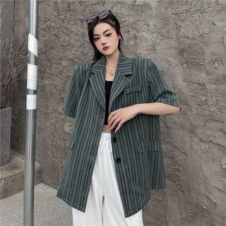 Short Sleeve Striped Three Button Blazer