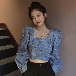 Long-sleeve Floral Print Cropped Denim Top Blue - One Size