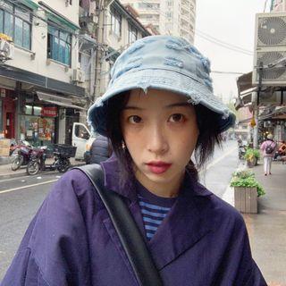 Distressed Denim Bucket Hat As Shown In Figure - One Size