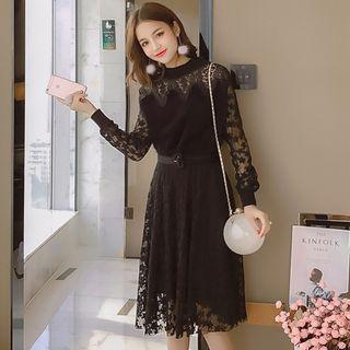 Mock Neck Long Sleeve Lace Panel A-line Dress