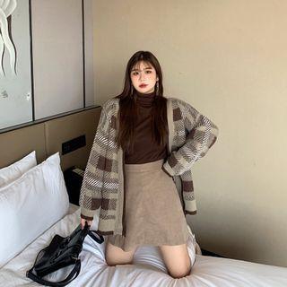 Plaid Cardigan / A-line Skirt / Mock-neck Top