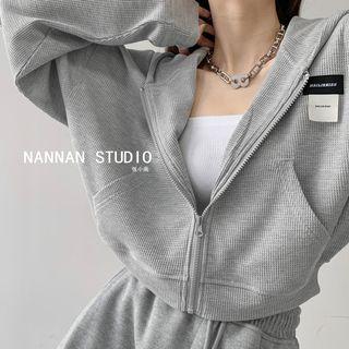 Waffle Loose-fit Hooded Crop Jacket In 7 Colors