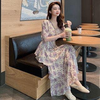Floral Printed Short-sleeve V-neck Midi Layered Dress