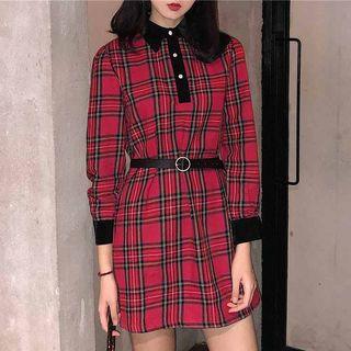 Plaid Long-sleeve Shirt Dress With Belt