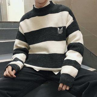 Cat Embroidered Striped Loose-fit Sweater