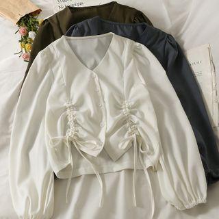 V-neck Plain Button-up Drawstring Cropped Blouse