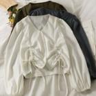 V-neck Plain Button-up Drawstring Cropped Blouse