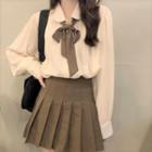 Tie-neck Shirt / High Waist Mini Pleated Skirt