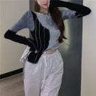 Long-sleeve Color Block Crop Top Light Gray - One Size