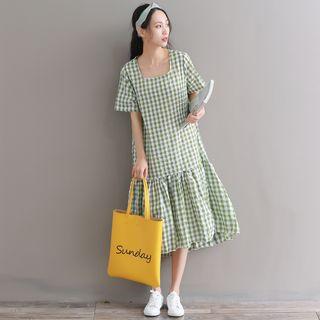 Short-sleeve Plaid Square-neck Midi A-line Dress