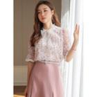 Tie-neck Frilled Floral Lace Blouse Pink - One Size