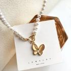 Butterfly Resin Pendant Faux Pearl Necklace Butterfly - Gold - One Size