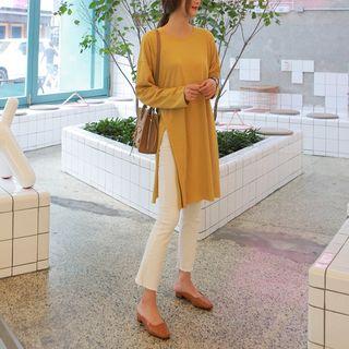 Round-neck Long-sleeve Slit-side Long T-shirt