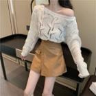 Pointelle Knit Top / Asymmetric Mini A-line Skirt