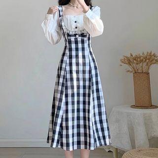 Long-sleeve Mock Two-piece Gingham Midi Dress