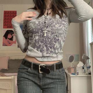 Long Sleeve Flower & Wing Printed Crop Top