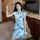 Cap-sleeve Floral Print Mini Sheath Qipao Dress