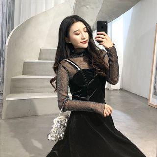 Long-sleeve Glitter Top / Spaghetti Strap A-line Velvet Dress