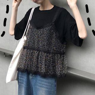 Set: Crew-neck Elbow-sleeve T-shirt + Leopard Print Mesh Camisole Top As Shown In Figure - One Size