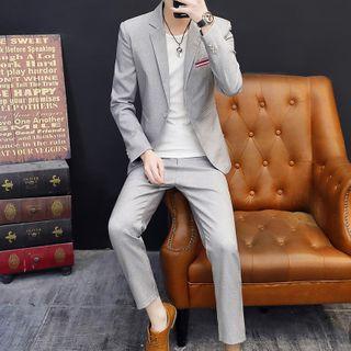 Set: Striped Panel Blazer + Straight-cut Pants
