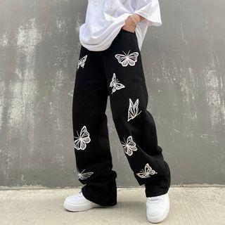 High-waist Butterfly-print Straight Leg Pants