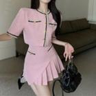 Short-sleeve Contrast Trim Blouse / Asymmetrical Mini A-line Skirt