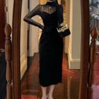 Set: Long-sleeve Mock-neck Lace Top + Spaghetti Strap Velvet Midi Dress