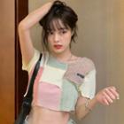 Short-sleeve Color Block T-shirt Pink & Beige & Light Green - One Size