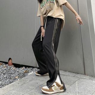 Drawstring Waist Zip-up Straight Leg Sweatpants