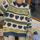 Round Neck Heart Print Loose Fit Sweater