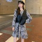Long-sleeve Zebra Pattern Dress / Faux Leather Vest