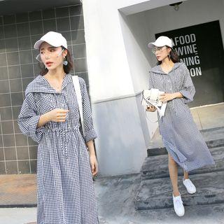 Plaid Hooded Midi Long Sleeve Dress