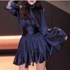 Set: Mock Neck Open Back Blouse + Godet A-line Skirt