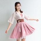 Set: Short-sleeve Hanfu Top + Spaghetti Strap Mini Mesh Dress