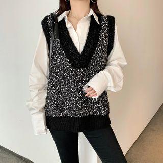 Plain Shirt / Two-tone V-neck Knit Vest