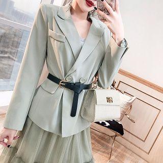 Set: Double-breasted Blazer + Midi A-line Mesh Skirt