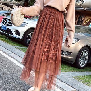 Mesh Overlay Pleuche Midi A-line Skirt