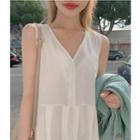 V-neck Sleeveless Midi A-line Dress White - One Size