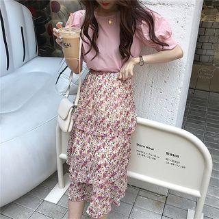 Plain Crewneck Puff-sleeve Top / Floral High-waist Skirt