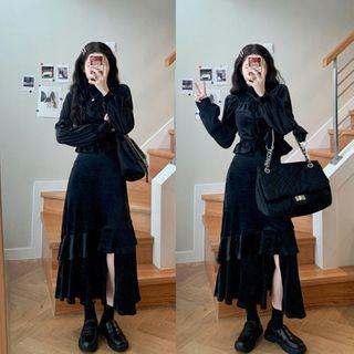 Long-sleeve Frill Trim Crop Top / Midi A-line Skirt