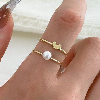 Set Of 2: Heart / Faux Pearl Alloy Ring