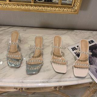 Beaded Pvc Strap Chunky Heel Slide Sandals