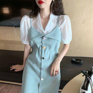 V-neck Spaghetti Strap Dress / Short-sleeve Light Blouse