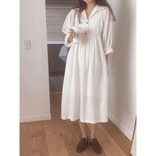 Notched-lapel Cotton A-line Dress One Size