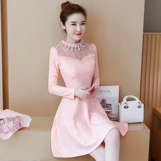 Mock Collar Embellished Lace A-line Dress