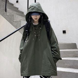 Lace-up Front Plain Hooded Sweatshirt
